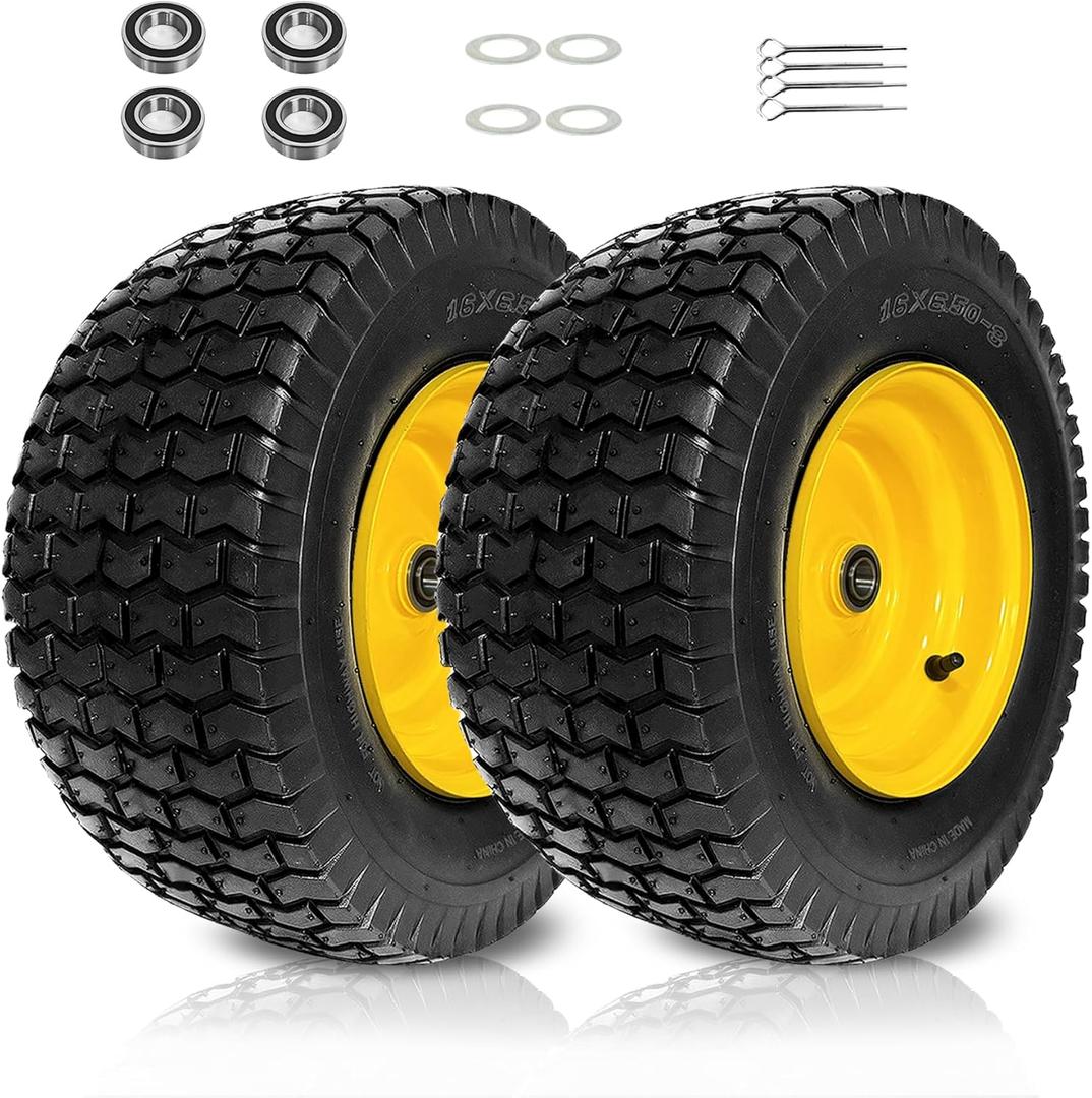 2PC Premium 16x6.50-8 Tubeless Lawn Mower Front Tire and Wheel Fit for Most Riding Mower, with 3" Offset Hub and 1" & (extra 3/4" Bearing), 4 Ply Tubeless, 35 Psi, 715 lbs Capacity.