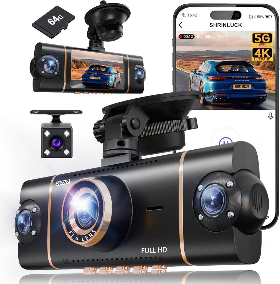 4 Channel 360 Dash Cam Front Rear Inside & Left Right,4K+1080P*3 FHD Car Camera,5GHz WiFi & App Control,8 IR Lamps Night Vision,24H Parking Mode, G-Sensor, Loop Recording, Includes 64GB SD Card Black
