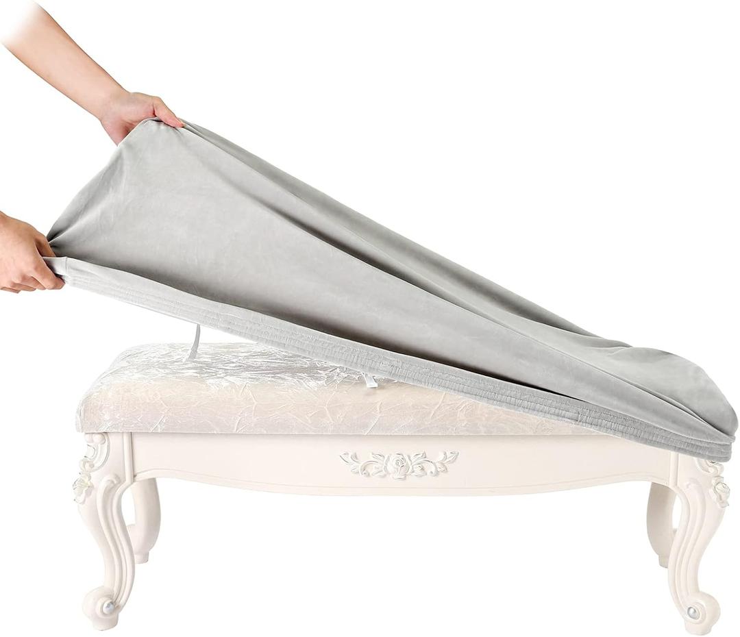 SINOSSO Soft Velvet Shoe Bench Cover, (36.5"- 48") L x (13.8"- 18") W Stretch Washable Dining Bench Upholstered Protector Rectangle Chair Slipcover, (L, Light Grey)