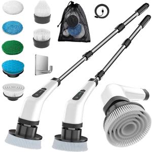 Electric Spin Scrubber, Cordless Cleaning Brush, Rechargeable Scrub Brush with 7 Replaceable Brush Heads, Adjustable Long Handle Power Scrubber for Bathroom Tile Bathtub Glass (White 50)