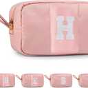 Puffy Makeup Bag for Women, Initial Cosmetic Bag, Cute Travel Toiletry Bag, Puffer Make Up Organizer Bags with Compartments, Personalized Gifts for Girlfriend Bridesmaid Teacher Graduation (Pink, H)