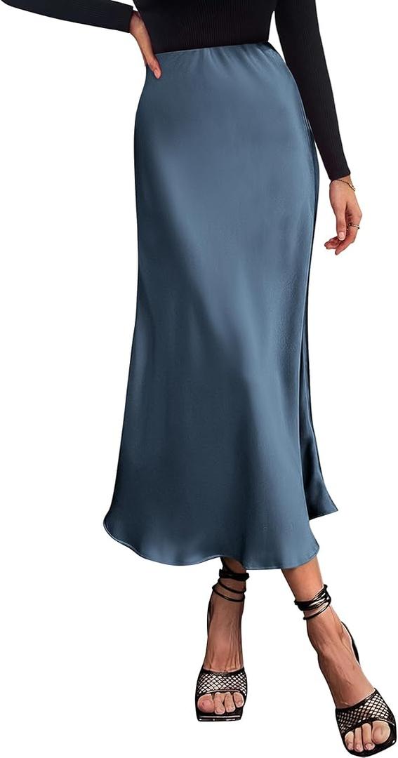 BTFBM 2026 Summer Womens Skirts Silk Elegant High Waist Flowy Long Satin A-Line Midi Skirt Cocktail Wedding Party (Grey Blue, L)