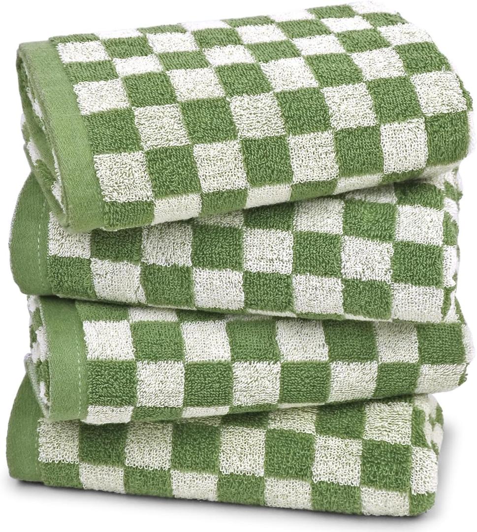 Jacquotha Green Hand Towels for Bathroom Set of 4 - Cute Checkered Bathroom Towels for Kitchen Decor, Lightweight for Bath Face Body
