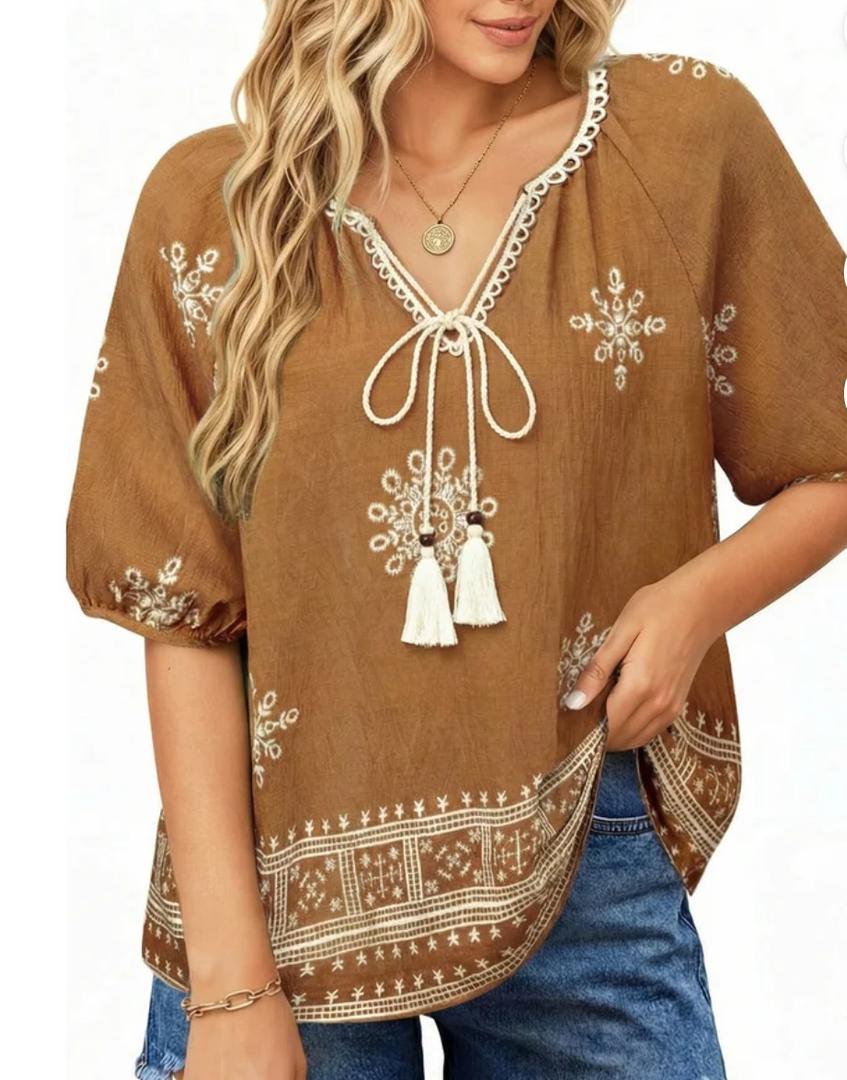 UVN Summer Tops for Women Short Sleeve V Neck Boho Casual Blouses Ladies Floral Print Tie Front Flowy Shirts, XL