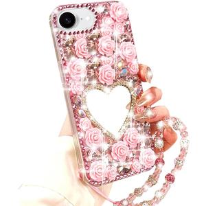 Changjia for iPhone 17e/ iPhone 16e Glitter Bling Case, Cute 3D Sparkle Heart Makeup Mirror Crystal Rhinestones Flowers Diamond Gems with Lanyard Wrist Strap Women Girls Case for iPhone 17e/ 16e, Pink