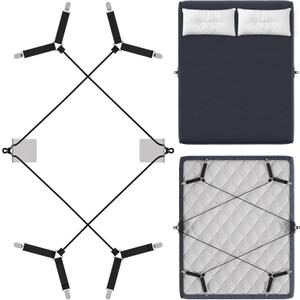 HOUSE AGAIN Bed Sheet Straps, Manually Adjustable Fasteners with Metal Clips, Bed Sheet Holder for Corner Fitted Sheet Tightening, Strength Cord Lock Keep Sheet in Place, Fits All Mattress Sizes