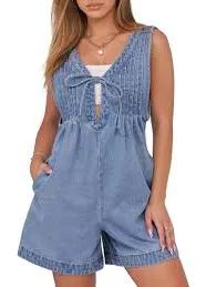 Melliflo Women's Fashion Denim Tie Front Sleeveless Ruffle Jean Jumpsuit, Large