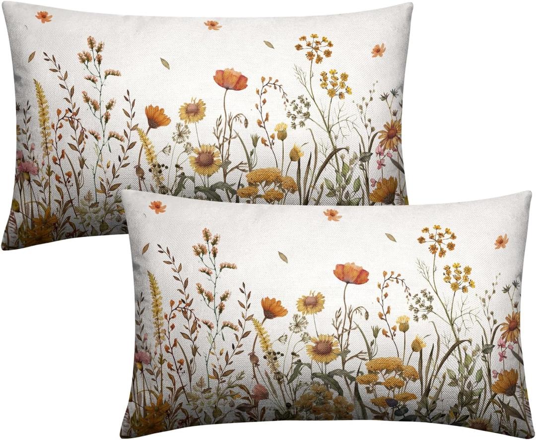 Fall Lumbar Pillow Covers 12x20 Set of 2 Autumn Flowers Decorative Outdoor Throw Pillow Case Burnt Orange Floral Thanksgiving Harvest Rectangle Pillowcase for Couch Sofa
