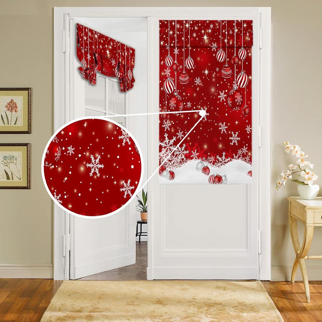 Merry Christmas French Door Curtains for Windows, Xmas Ball Ornaments Sparkle Front Door Window Curtains for Glass- Red Privacy Tie Up Blinds Thermal Insulated Shades 26 x 42 Inch