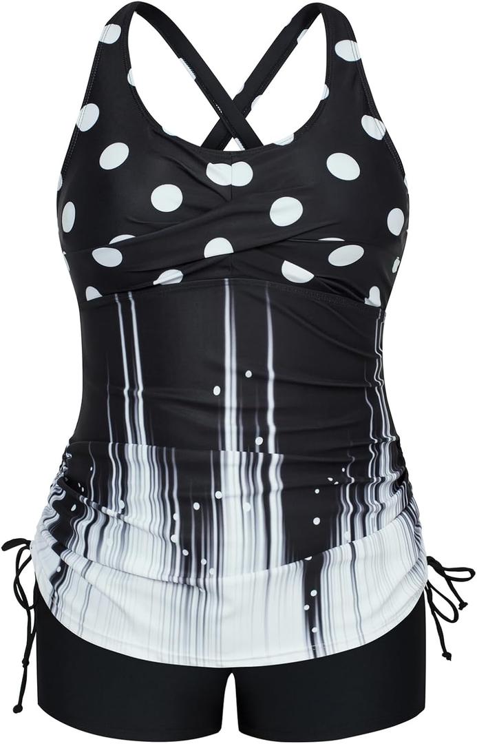 Hanna Nikole Women Plus Size Tankini Swimsuit Two Piece Bathing Suits with Shorts Tie-Side Drawstrings Tankini Swimwear (Black & White) Hanna Nikole Women Plus Size Tankini Swimsuit Two Piece Bathing Suits with Shorts Tie-Side Drawstrings Tankini Swimwear (Black & White)