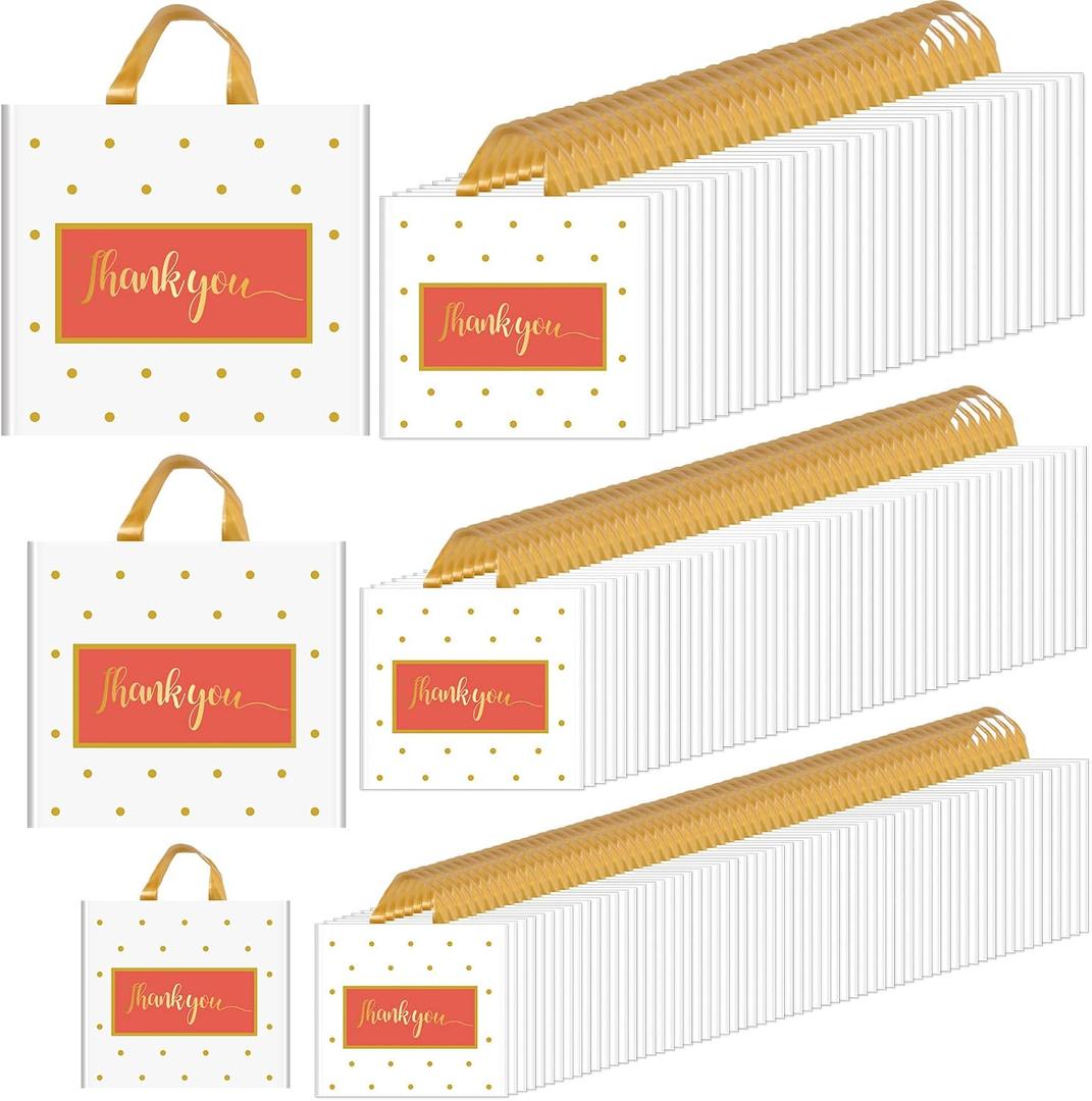Gueevin 200 Pcs Thanks Bags with Handle Bulk Thank You Merchandise Bags 3 Size Plastic Packet Retail Shopping Package for Boutique 9 x 12'', 12 x 14'', 13 x 15''(White)