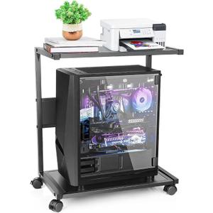 PC Stand Computer Tower Stand 2-Tier Metal CPU Holder with Locking Caster Wheels Suitable for Most PC (Black, L)