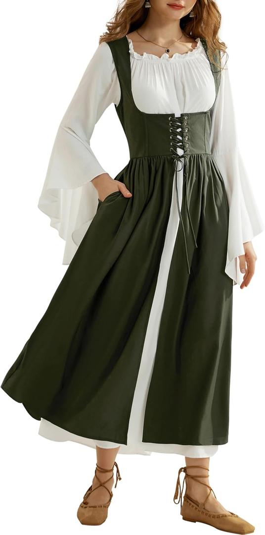 Renaissance Costume Women Medieval Costume Irish Set Dress Long Sleeve Peasant Dress Green L