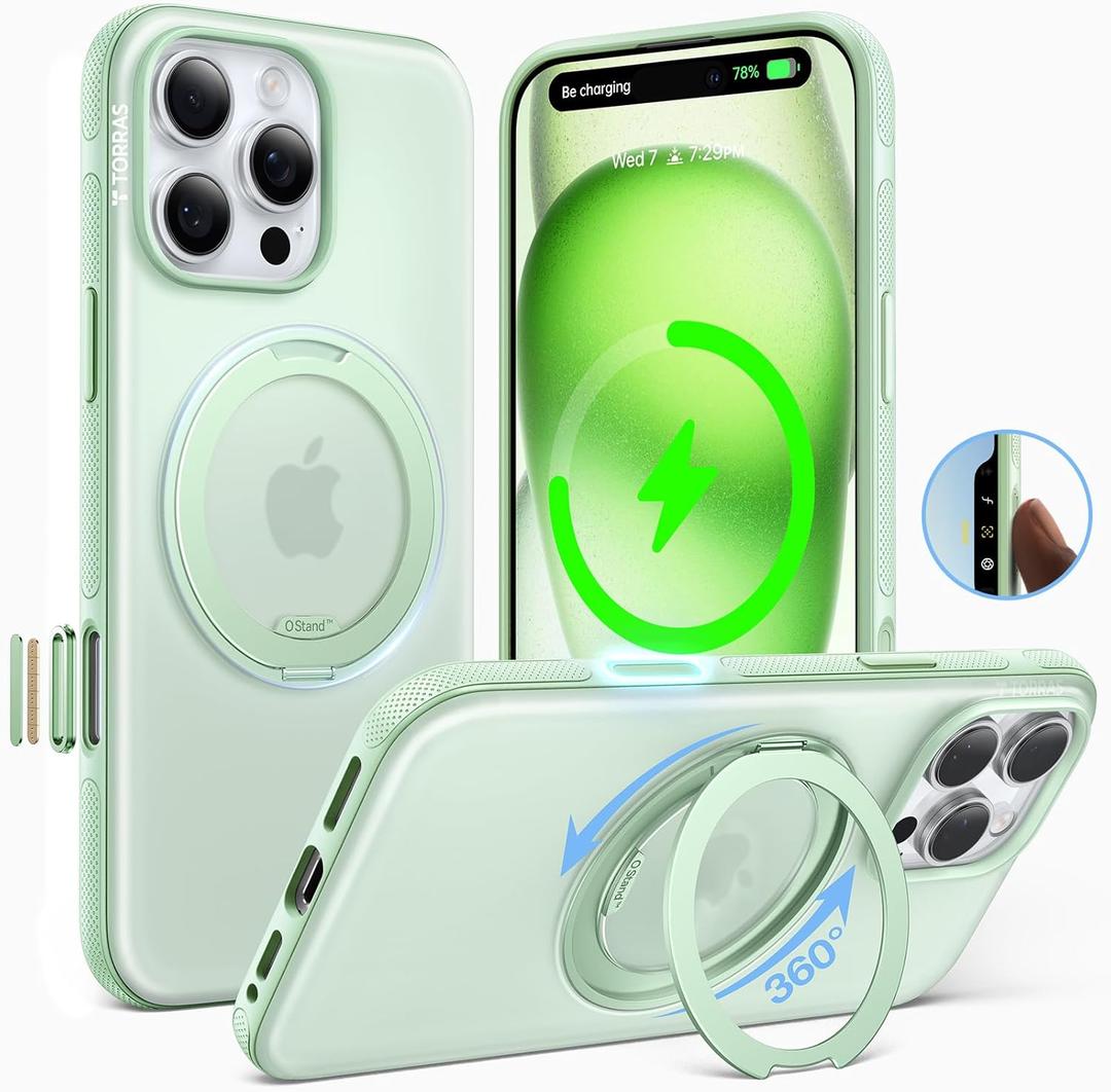 TORRAS O3 Fitness for iPhone 16 Pro Case Magnetic Stand, Fit for MagSafe, 360 Rotatable Stable Stand, Camera Control Button, Military-Grade Shockproof, Slim & Sleek, Mint Green Translucent