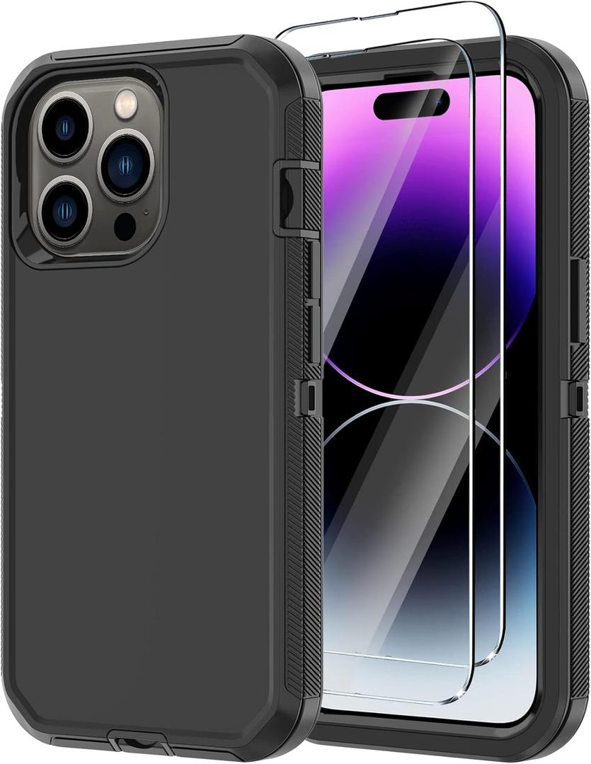 Annymall for iPhone 14 Pro Case with 2 Screen Protector, Heavy Duty Drop Protection Shockproof Full Body 3-Layer Military Rugged Durable Protective Cover for Apple iPhone 14 Pro 6.1" (Black)
