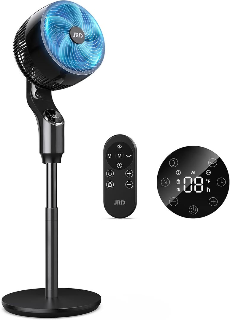 JRD Pedestal Fan, 70+85 Omni-directional Oscillating Fan For Bedroom, 100ft Circulator With Remote, DC Motor Quiet Standing Fans, Adjustable Height, 32 Speeds, 5 Modes, 24H Timer, Home (Black)