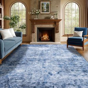 9x12 Area Rugs for Living Room Clearance, Washable Low Pile Abstract Rug, Large Area Rug with Non-Slip Backing for Large Rugs for Bedroom & Dinning Room(Blue,9'x12')