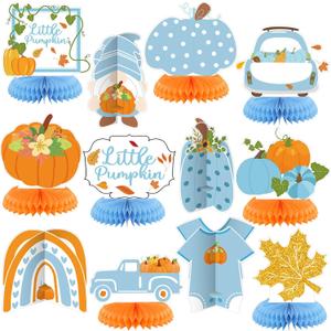 Liliful 12 Pcs Thanksgiving Little Pumpkin Baby Shower Decorations Honeycomb Table Centerpieces Fall Pumpkin Gender Reveal Party Decor for Girl Boy Table Autumn Birthday Party Supplies(Blue)