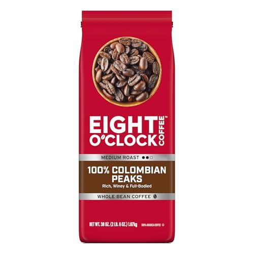 Eight O'Clock Coffee 100% Colombian Peaks Whole Bean Coffee, Medium Roast, 38 Ounce (Pack of 1) - Rich, Winey & Full Bodied, Best Use By:Oct 02/2026