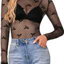 FEOYA Mesh Long Sleeve Tops for Women Floral See Through Lace Top Slim Fit Mock Neck Trendy Casual Lace Layering Shirt L