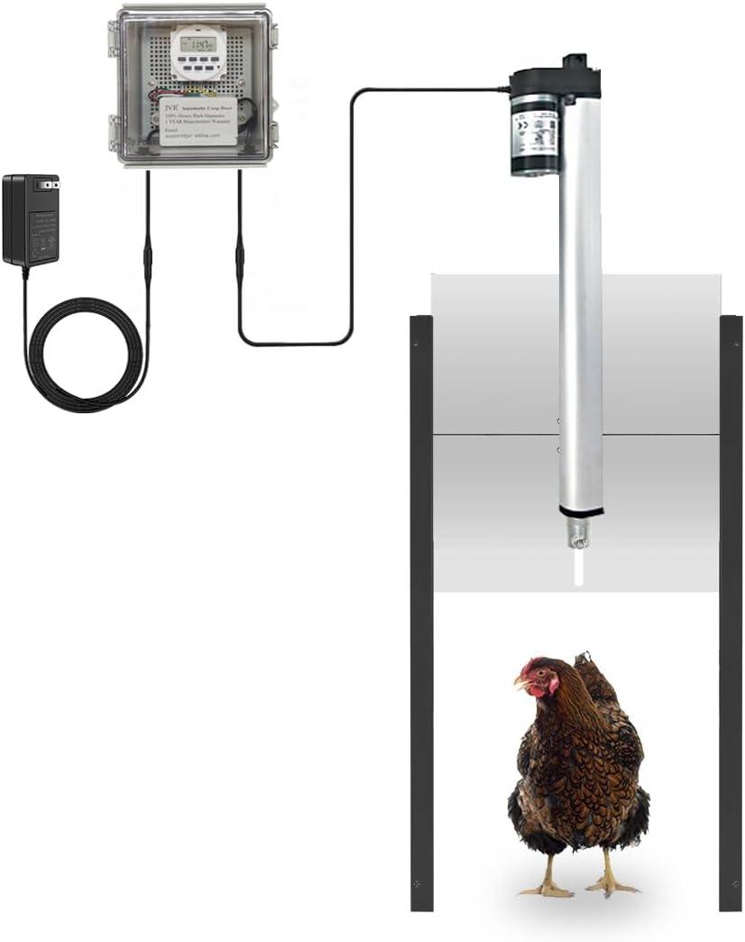 JVR Automatic Chicken Coop Door Opener with Timer, Programmable, Aluminum Coops Doors, Electric Run Automatic Chicken Door Auto Opener, Actuator Motor, Anti-Pinch Auto Reopen & Stop Safety (Small Size)