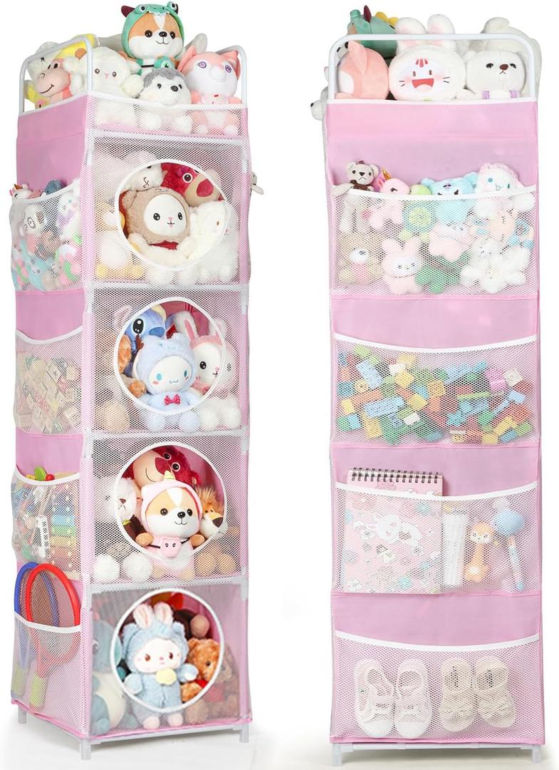 Stuffed Animal Storage, 63.8" Toy Storage Organizer, 5 Shelves & 8 Side Pockets, Space-Saving Corner Solutions for a Kids' Bedroom, Playroom (Pink)