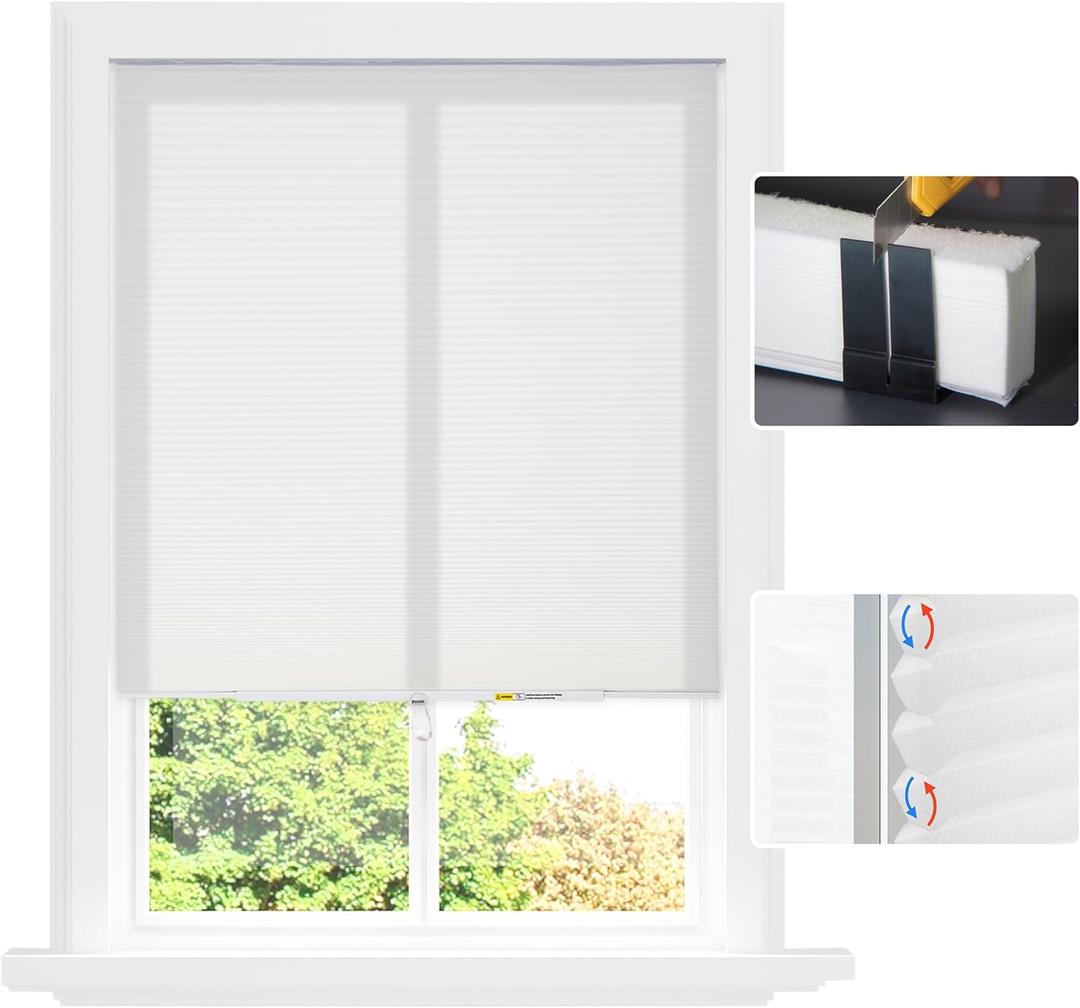Easy Install Cellular Shades - No Drill Blinds for Windows, Blackout Shades No Drill, Custom Honeycomb Blinds for Easy Cutting - Telescopic Track (White, 29 x 64 in)