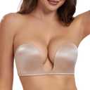 HACI Plunge Deep U Strapless Bra Push Up Demi Everyday Seamless Underwire (34B, Beige)
