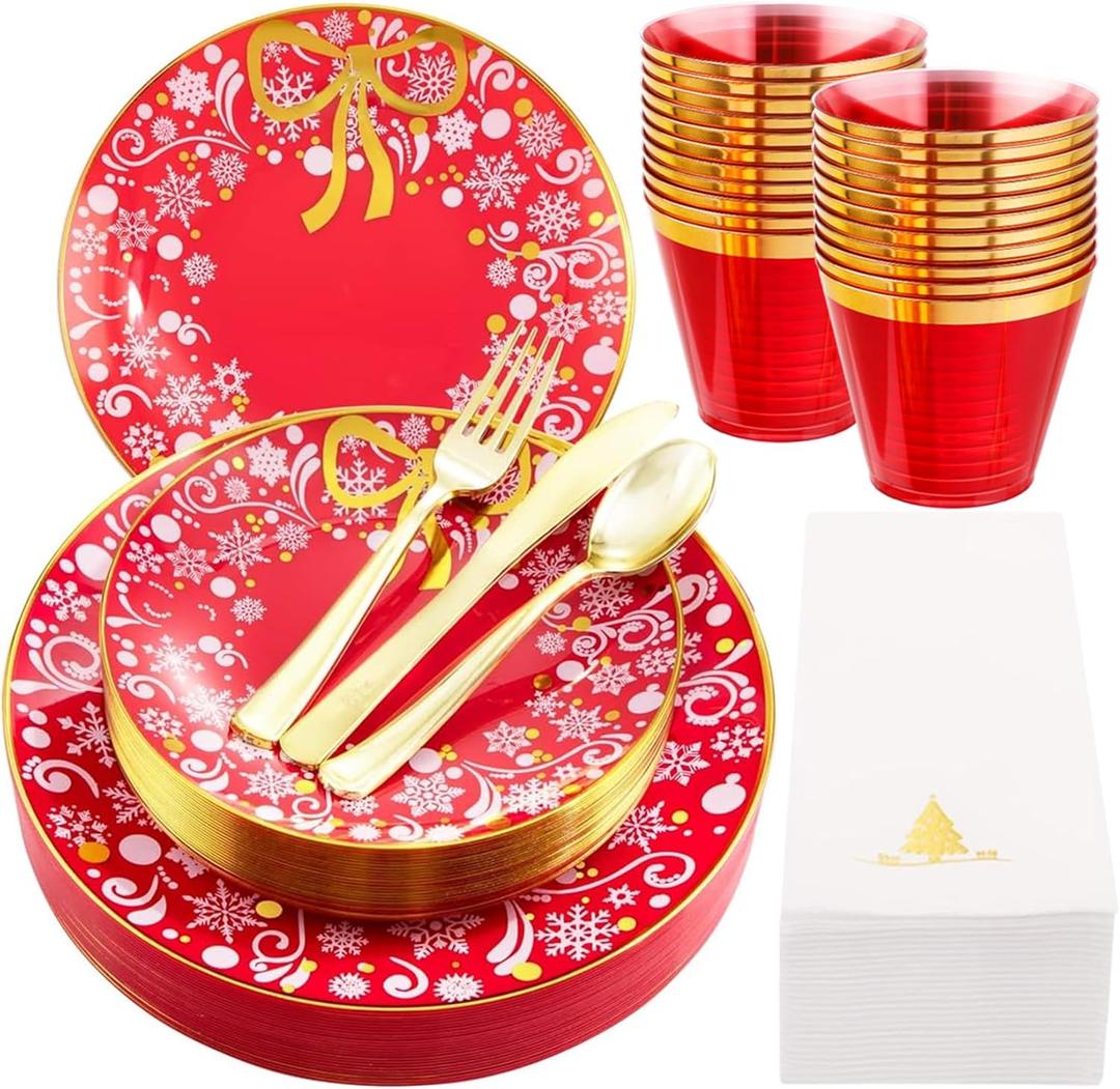 Hioasis 175pcs Plastic Place Setting - Christmas Theme, Red & White Garland, Includes 25 Dinner & Dessert Plates, Gold Utensils, Clear Cups, Napkins. BPA-Free, Reusable, Perfect for Parties