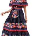 Women Mexican Dress Off Shoulder Floral Long Maxi Dress Summer Beach Party Cinco de Mayo Dresses with Belt (Small, Black)