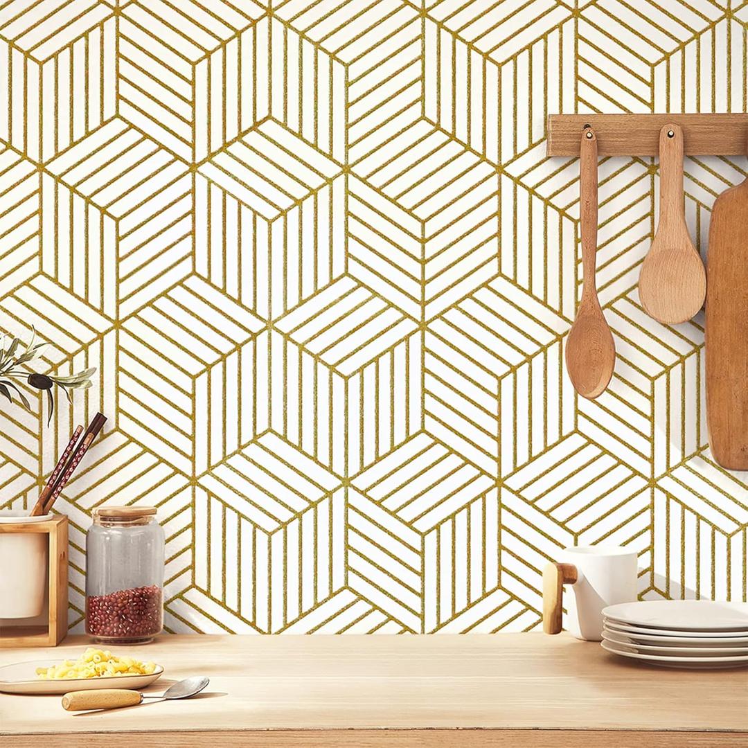 Gold Striped Hexagon Wallpaper Peel and Stick Wallpaper Removable Self Adhesive Wall Paper Geometric Vinyl Contact Paper for Wall Covering Bedroom Bathroom Renter Friendly 17.7"x393.7"Upgrade (17.7"x393.7"Recommend)