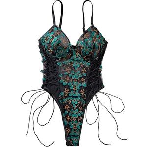 Lilosy Women Sexy Lace Up Floral Embroidered Teddy Lingerie Bodysuit Top Mesh Sheer One Piece 2XL