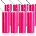 PYD Life 8 Pack Sublimation Tumblers 20 OZ Skinny Straight Neon Pink Glossy with Lid and Straw for Tumbler Press Machine