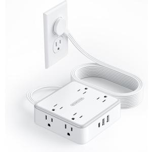 Flat Extension Cord 10 FT, Surge Protector Power Strip with 8 Outlets 3 USB Ports, Flat Plug Surge Protector, Wall Mount Outlet Extender, Indoor Extension Cord with Multiple Outlets, White
