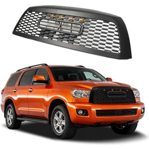 Front Grill Compatible with 2008-2017 Toyota Sequoia Matte Black Replacement Front Bumper Grill ABS Bumper Grille Assembly with Amber LED Lights & Letters