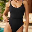 ZAFUL Women's One Piece Swimsuit Lace Up Tie Back Bathing Suits Ribbed Fully Lined Tummy Control Scoop Neck Padded Swimwear