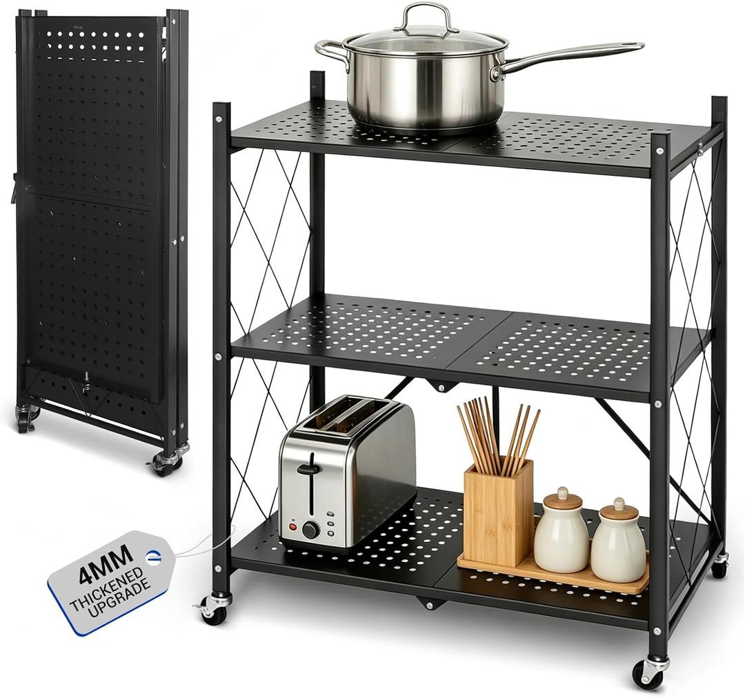 LIWSHWZ Thickened 4MM | Foldable 3 Tier Shelf, Collapsible Metal Rolling Cart with Wheels, No Assembly Organizer Storage Rack for Kitchen, Bedroom, Pantry, Garage, Display, Black, 28 x 13.4 x 35.6 inches