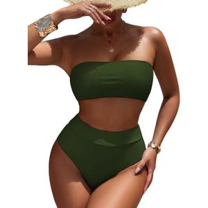 Pink Queen Women's Remove Strap High Waist Bikini Set Army Green, Medium