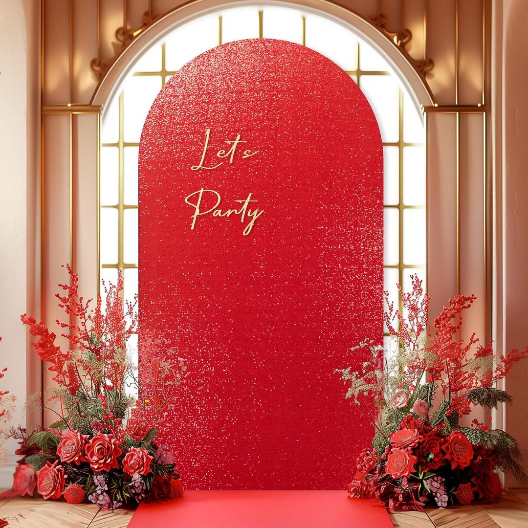 6.6FT Red Arch Cover-Sequin Spandex Fitted Wedding Arch Cover Round Top Chiara Background Covers for Birthday Party Baby Shower Photo Arch Stand Decoration