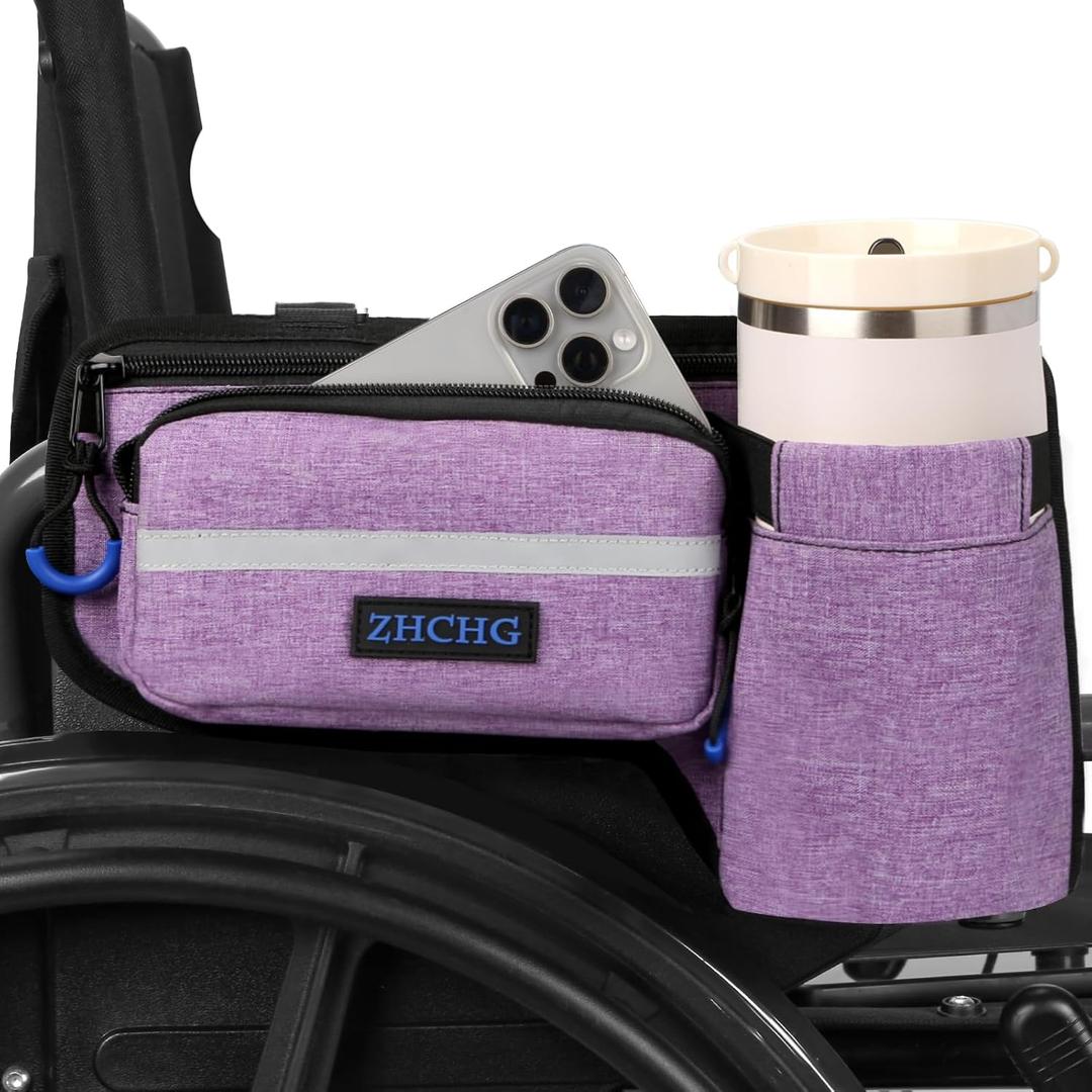 Upgraded Wheelchair Side Bag with Cup Holder, Wheelchair Armrest Pouch for Walker, Wheelchair Accessories Storage Bag- Purple