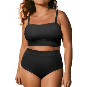 Tempt Me Women Plus Size High Waisted Bikini Bandeau Two Piece Swimsuit 14W (Black)