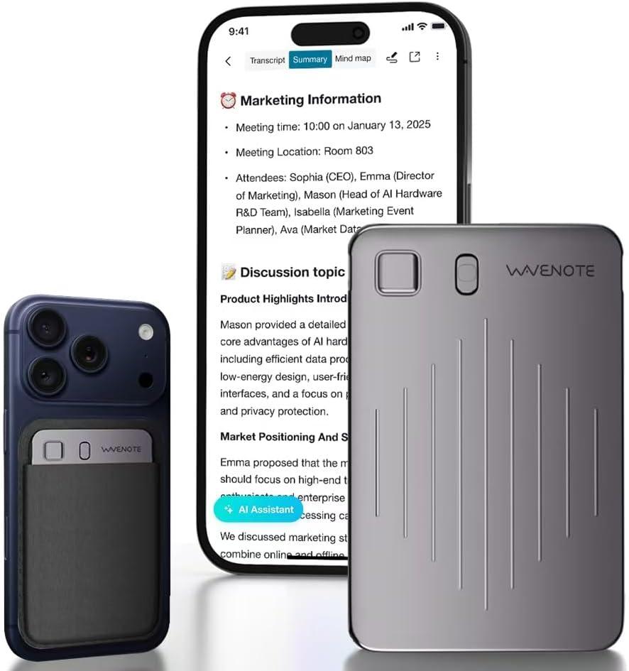 WaveNote AI Voice Recorder, Transcribe & Summarize Recorder, 42 Hours Continuous Recording, Support 112 Languages, 64GB AI Recorder for Meetings, Lectures, Calls,Multi-Speaker Voice Recognition (Black)