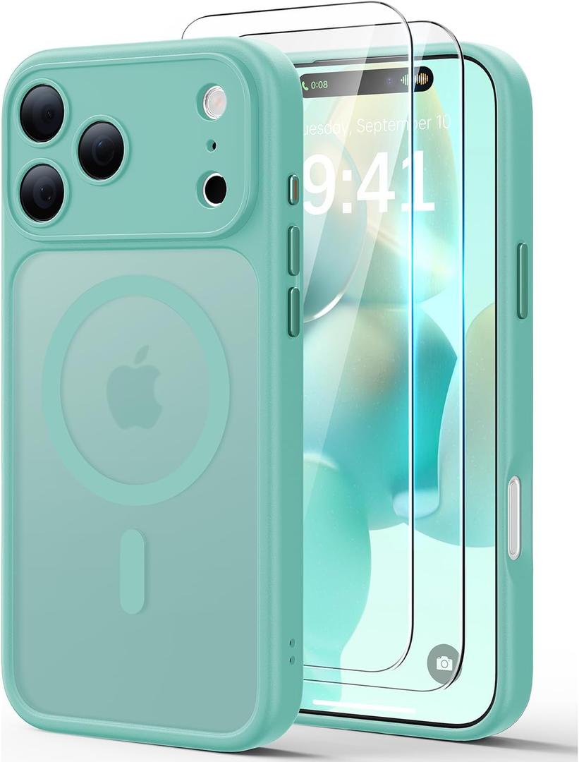 JJL for iPhone 17 Pro Case with 2 Pack Screen Protectors, Compatible with MagSafe, Full Camera Protection, Translucent Matte Magnetic Phone Cover, Teal