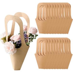 MYGOGOART 20pcs Kraft Paper Flowers Bouquet Wrapping Gift Bags with Handle Paper Flower Holders Brown Paper Cone Shape (Medium) (Medium-16.5x9 inches-20pcs)