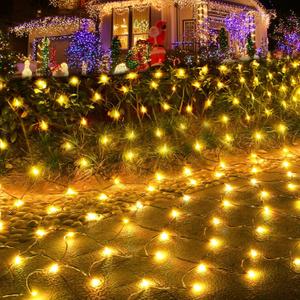 Pooqla Net Lights, 300LED Christmas Outdoor Mesh Light, 14.8x4.9 ft Fairy String Mesh Light 8 Modes Green Wire, Connectable Waterproof for Bushes Tree Garden Halloween, Warm White