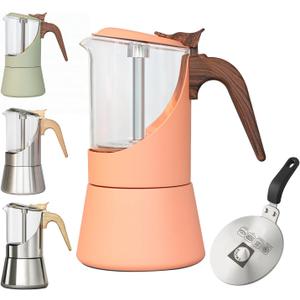 Glass Moka Pot for Stovetop & Induction - Italian Espresso Maker with Wood Handle & Leak-Proof Design - Comes with Induction Heat Diffuser Plate (6 Cup, 240ml) (Stainless Steel color)
