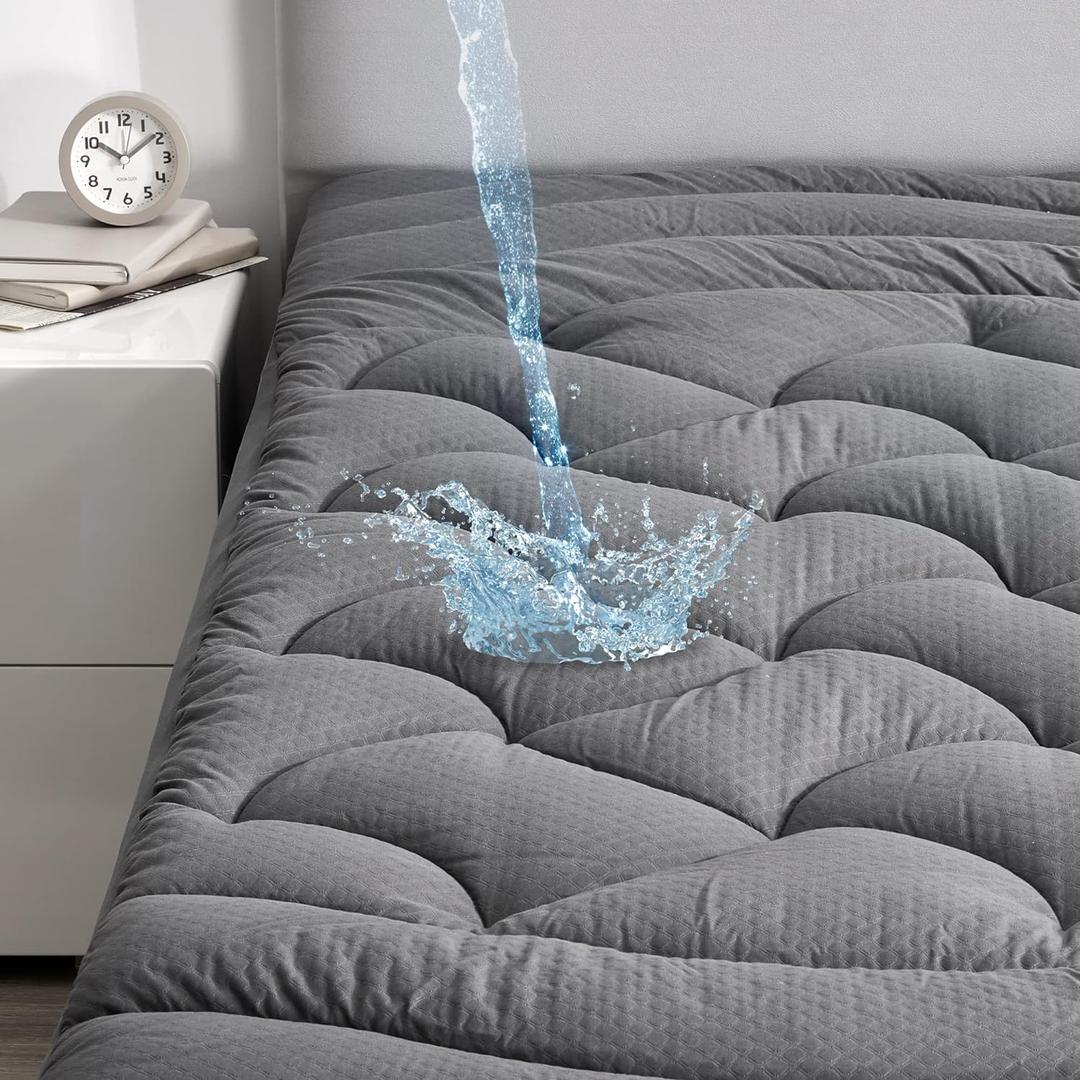SLEEP ZONE Grey Waterproof Mattress Pad Twin XL College Dorm Bedding, Premium Soft Embossed Mattress Topper, Quilted Fitted Mattress Protector Cover with Elastic Deep Pocket (Grey, Twin XL)