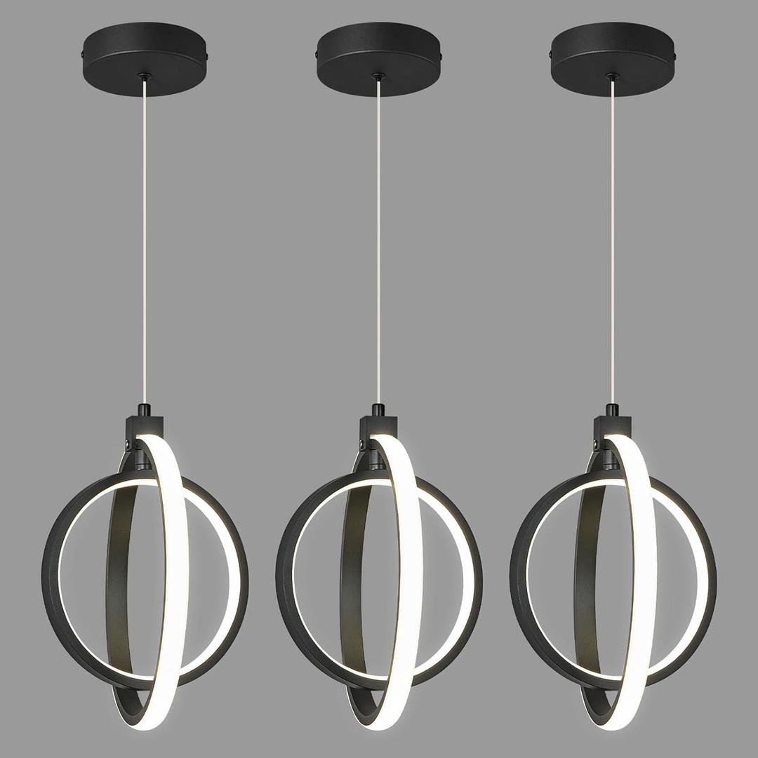Modern LED Chandelier Black Ring Pendant Light Fixtures 4000K Dimmable Height Adjustable Pendant Lighting for Dining Room Kitchen Island Bedroom Living Room Foyer（3-Pack）