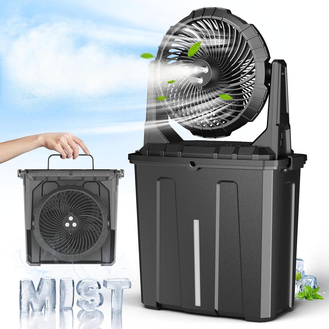 Ausic 9L Bucket Portable Misting Fan for Outdoors Patios - 10IN, 20000mAh Rechargeable Battery Operated Camping Fan, 3 Strong Winds, 3 Large Spray Outlets, for Fishing/Travel/Garden/Golf/Tent/Office (Black)