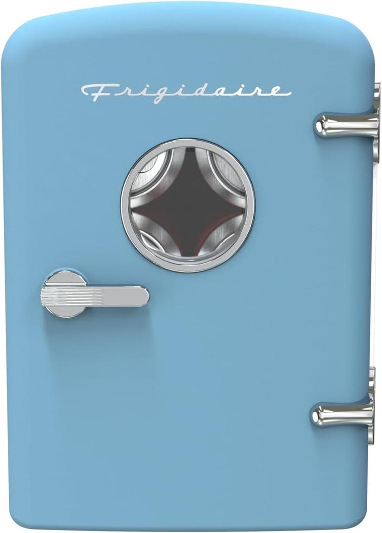 Frigidaire Retro Mini Personal Fridge Cooler, Holds up to 9 Cans, Portable for Car, Office, Bedroom, Dorm Room, or Cabin, Includes 110V AC and 12V DC cords - 11.8"D x 7.1"W x 10.1"H, Blue